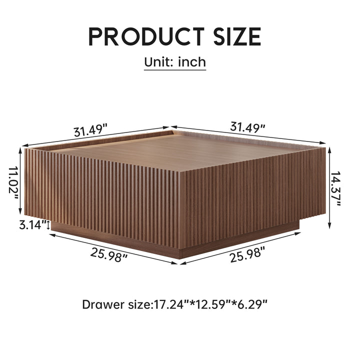 Guyii Walnut Square Coffee Table with Hidden Drawers for Living Room