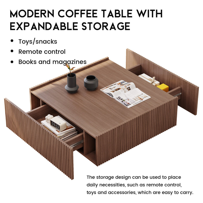 Guyii Walnut Square Coffee Table with Hidden Drawers for Living Room