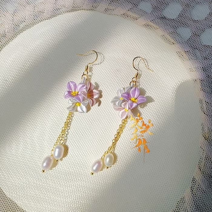 Handcrafted Chanhua Flower & Freshwater Pearl Dangle Earrings - 925 Silver Hooks