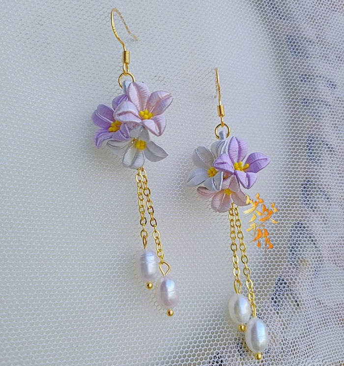 Handcrafted Chanhua Flower & Freshwater Pearl Dangle Earrings - 925 Silver Hooks