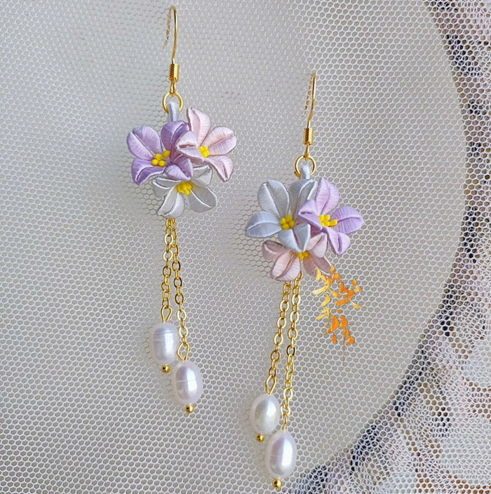 Handcrafted Chanhua Flower & Freshwater Pearl Dangle Earrings - 925 Silver Hooks