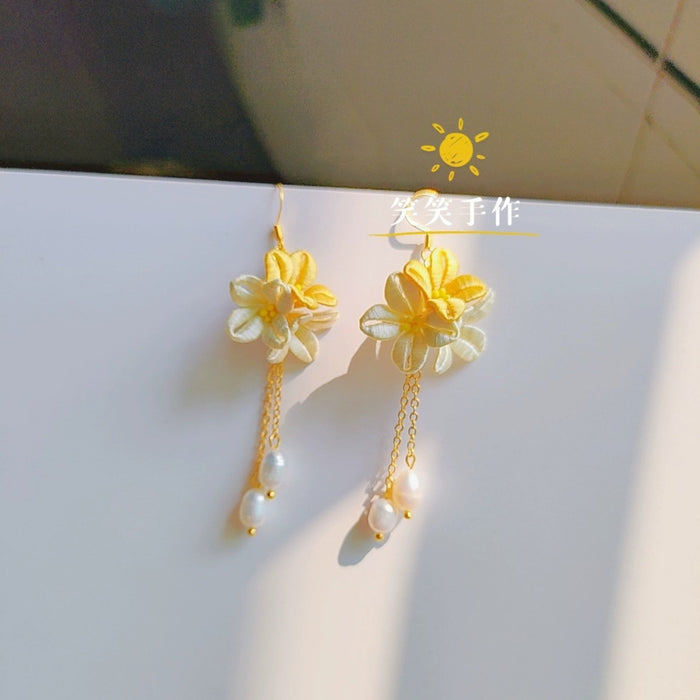 Handcrafted Chanhua Flower & Freshwater Pearl Dangle Earrings - 925 Silver Hooks