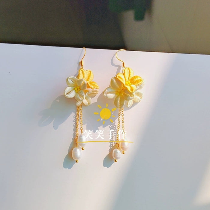 Handcrafted Chanhua Flower & Freshwater Pearl Dangle Earrings - 925 Silver Hooks