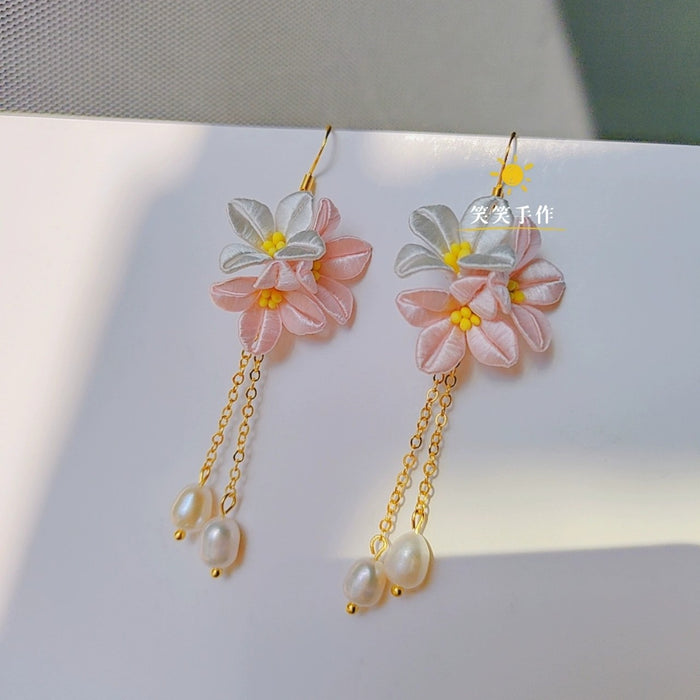 Handcrafted Chanhua Flower & Freshwater Pearl Dangle Earrings - 925 Silver Hooks
