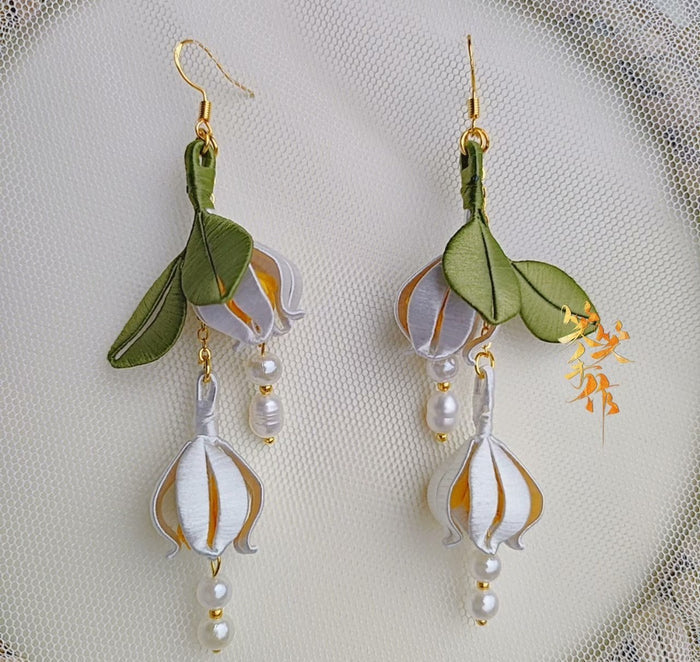 Handcrafted Chanhua Flower & Pearl Drop Earrings - 925 Silver Hooks