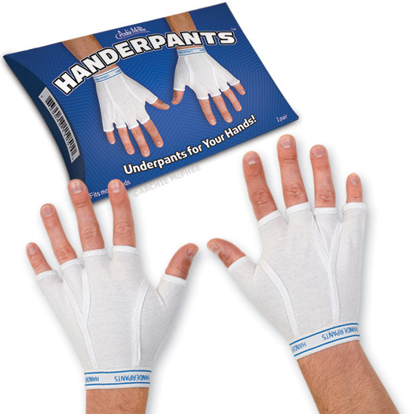 Handerpants fingerless gloves grace the hands with their distinctive design that resembles men's briefs, while the backdrop features a touch of blue packaging for a splash of color.