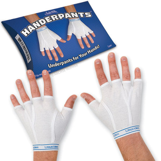 Handerpants fingerless gloves grace the hands with their distinctive design that resembles men's briefs, while the backdrop features a touch of blue packaging for a splash of color.