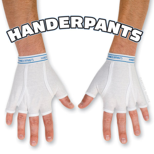 White fingerless gloves designed to resemble men's briefs, branded as Handerpants.