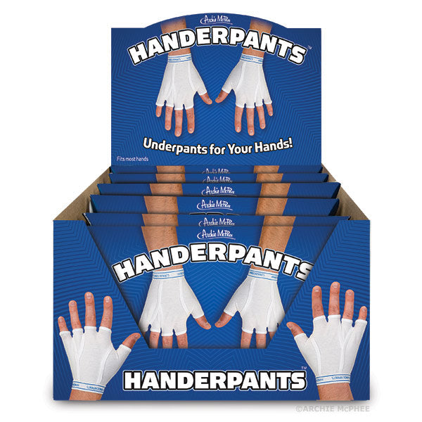 A display featuring boxes of Handerpants highlights white fingerless gloves set against a blue background, emphasizing their distinctive combination of comfort and practicality.
