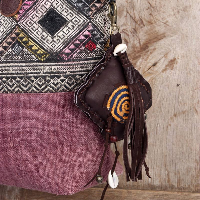 Handmade Leather Zipper Pull with Embroidery and Shell Detail | Ethical Bag Accessory – Thailand