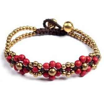 Handmade Red & Brass Beaded Flower Bracelet – Thailand