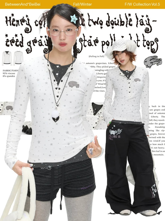 Henry collar fake two piece gray and white star polka dot top