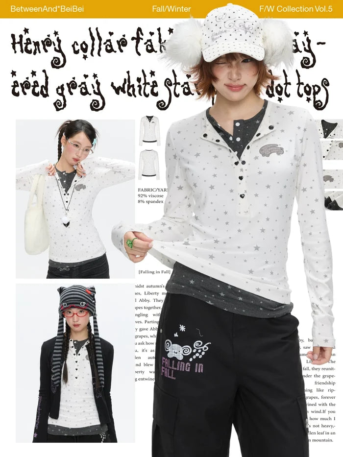 Henry collar fake two piece gray and white star polka dot top