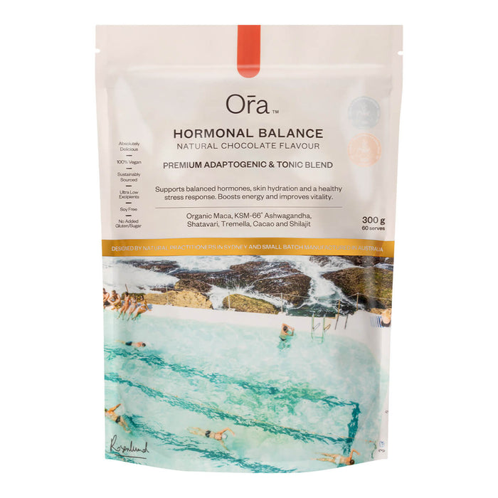 300g pouch of Ora Hormonal Balance powder in chocolate flavour, vegan supplement that supports hormones, skin, energy, and stress response.