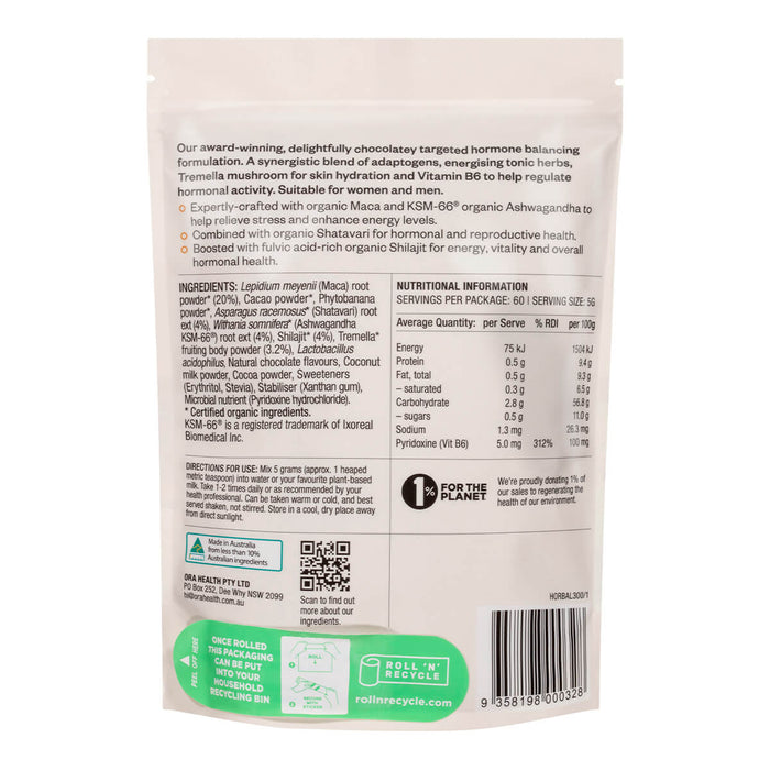 Back of 300g pouch Ora Hormonal Balance powder in chocolate flavour, showing benefits, ingredients, directions, and nutritional information.
