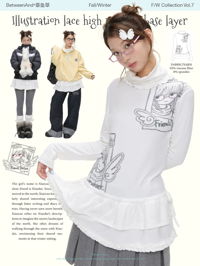 Illustration lace high necklace base layer top