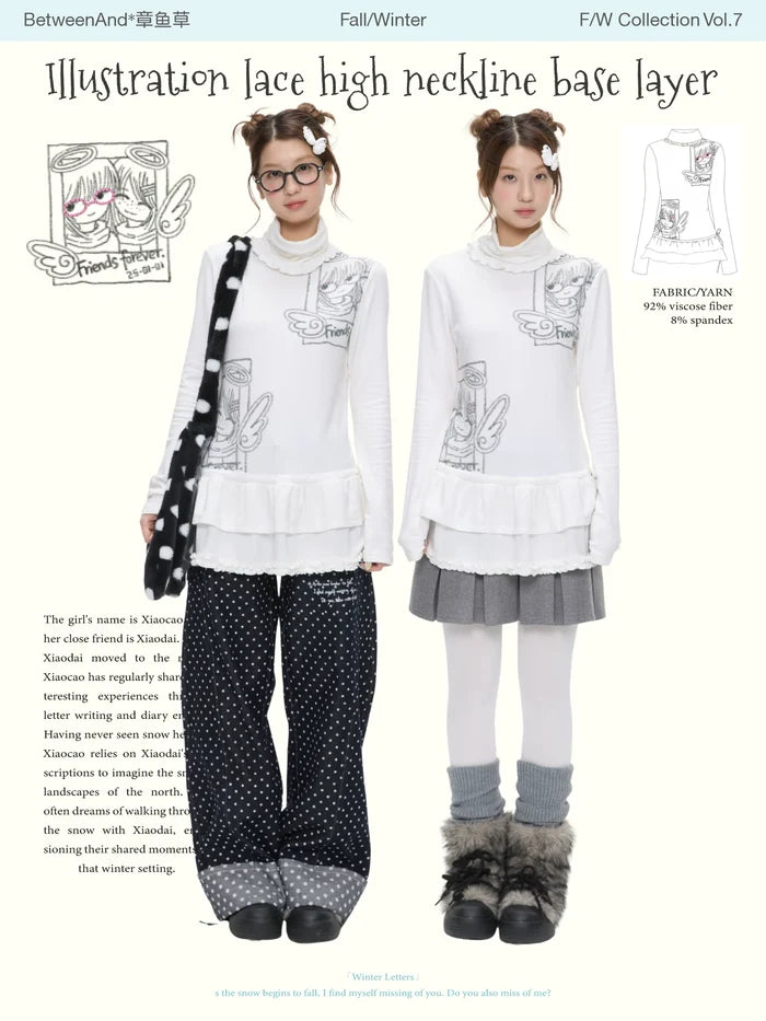 Illustration lace high necklace base layer top
