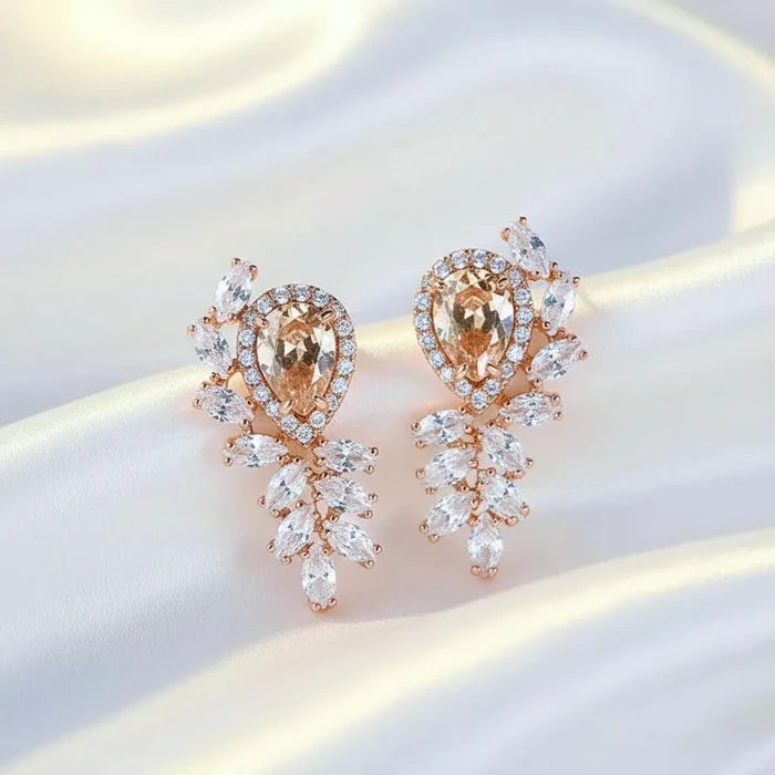 Champagne CZ Bridal Earrings in Rose Gold | Modern Wedding Jewelry