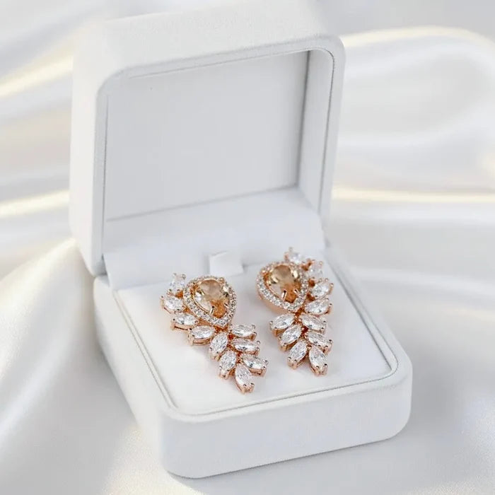 Champagne CZ Bridal Earrings in Rose Gold | Modern Wedding Jewelry