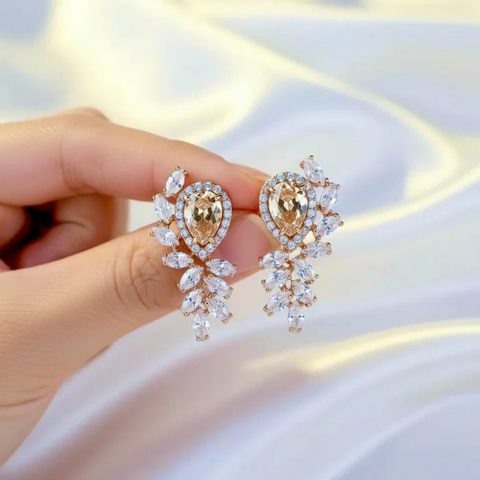 Champagne CZ Bridal Earrings in Rose Gold | Modern Wedding Jewelry