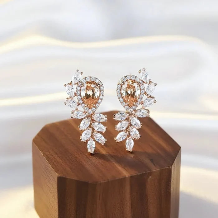Champagne CZ Bridal Earrings in Rose Gold | Modern Wedding Jewelry