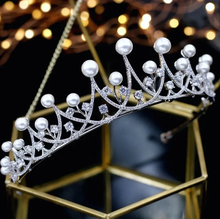Wedding Hair Accessories - Silver Pearl and Cubic Zirconia Tiara