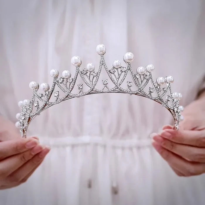 Wedding Hair Accessories - Silver Pearl and Cubic Zirconia Tiara