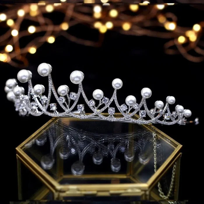 Wedding Hair Accessories - Silver Pearl and Cubic Zirconia Tiara