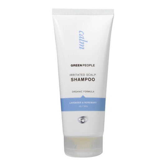 Irritated Scalp Shampoo in a 200ml white sugar cane plastic tube. Certified organic, lavender & rosemary formula for oily hair types.