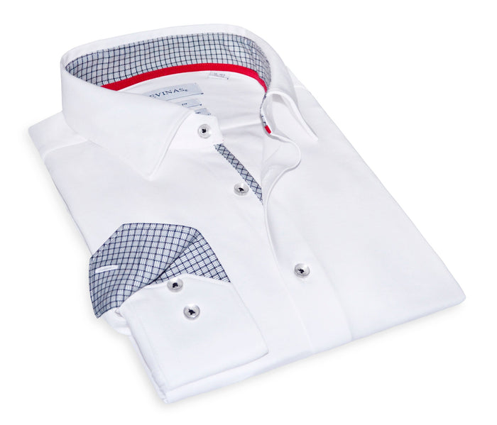 Jason// Fitted Cotton Knit-Stretch Button-Up Shirt w/Contrast Details - White