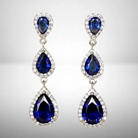 Elegant Silver CZ Bridal Earrings | Blue & Black