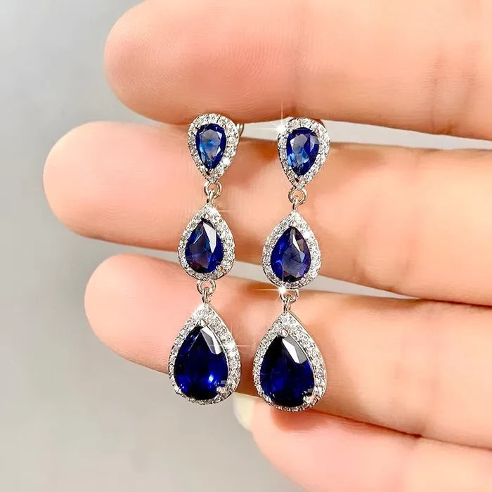 Elegant Silver CZ Bridal Earrings | Blue & Black