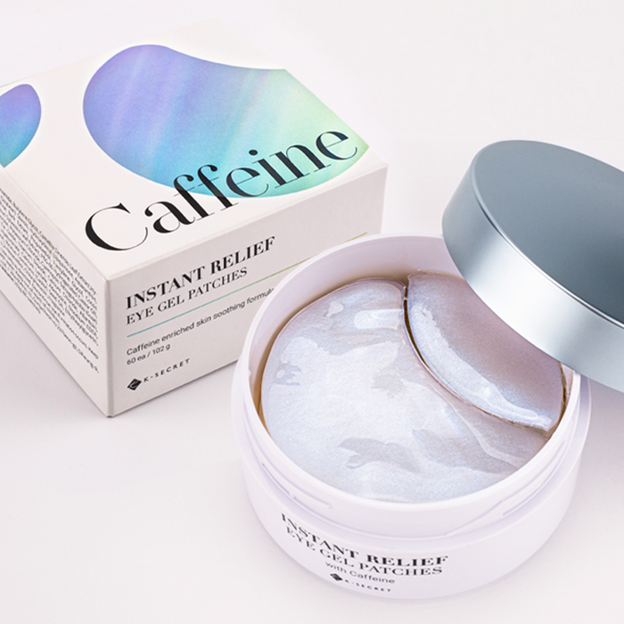 K-SECRET Instant Relief Eye Gel Patches with Caffeine in a box, designed to reduce puffiness and refresh tired eyes.