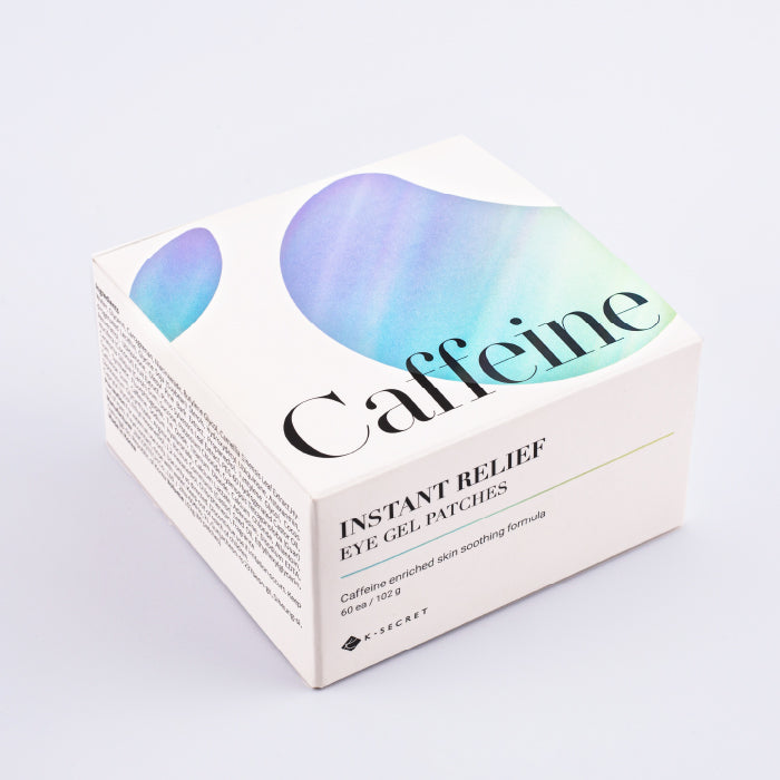 K-SECRET Instant Relief Eye Gel Patches with caffeine, showing soothing eye patches for puffiness and dark circles.