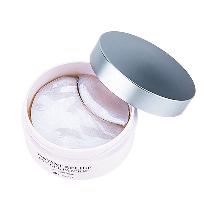 Open K-SECRET Instant Relief Eye Gel Patches with caffeine, showing the eye patches inside a clear container for soothing eye care.