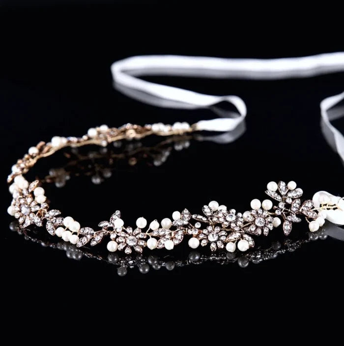 Wedding Hair Accessories - Vintage Gold Pearl and Crystal Bridal Headband