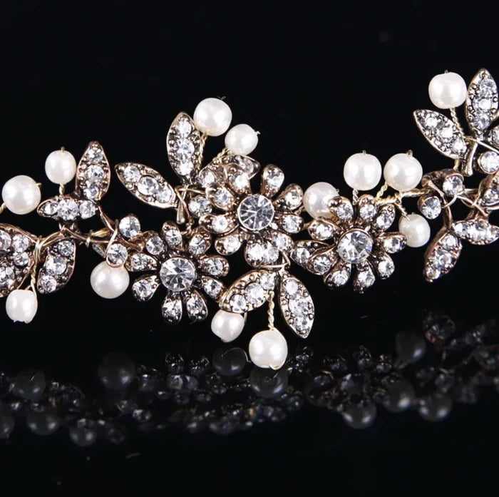 Wedding Hair Accessories - Vintage Gold Pearl and Crystal Bridal Headband