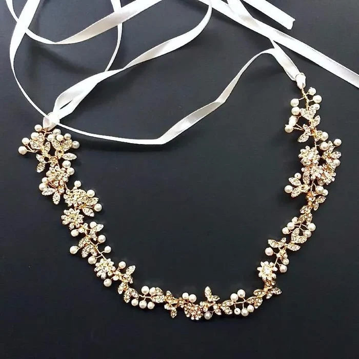 Wedding Hair Accessories - Vintage Gold Pearl and Crystal Bridal Headband