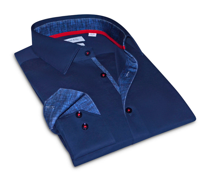 Kevin// Fitted Cotton Knit-Stretch Button-Up Shirt w/Contrast Details - Navy