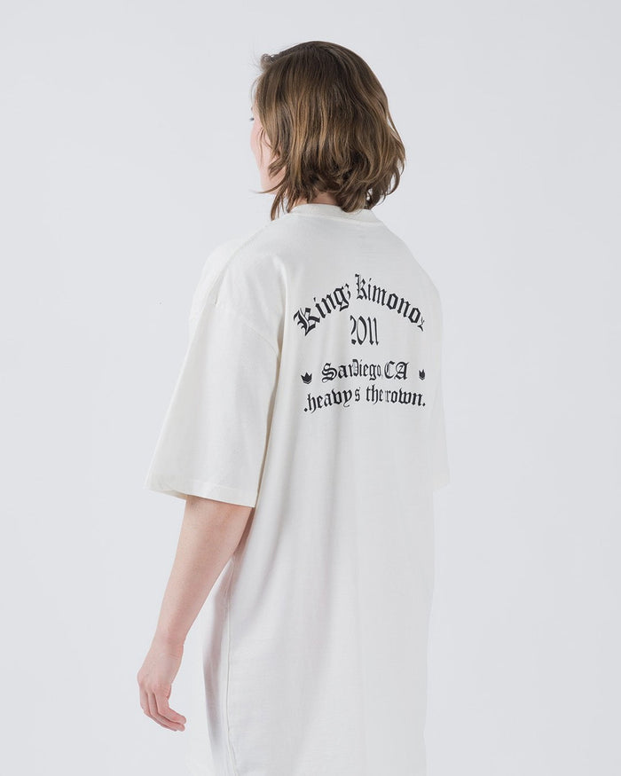 Kingz KGZ OE Tee Natural - Back View Female Model Black Gothic Text "Kingz Kimonos 2011 San Diego CA" Crown Graphics Relaxed Fit Streetwear [color:Natural]