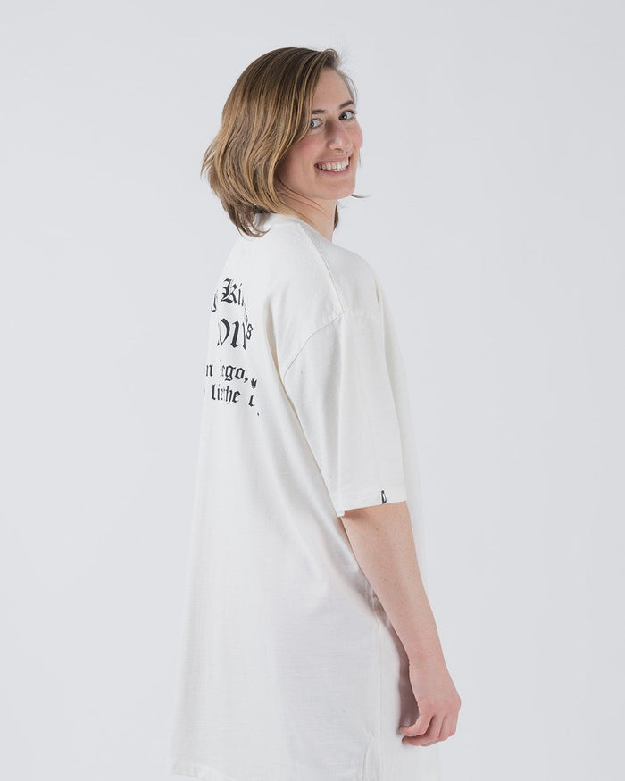 Kingz KGZ OE Tee Natural - Side View Smiling Female Model Black Gothic Text Back Print Relaxed Fit Streetwear [color:Natural]