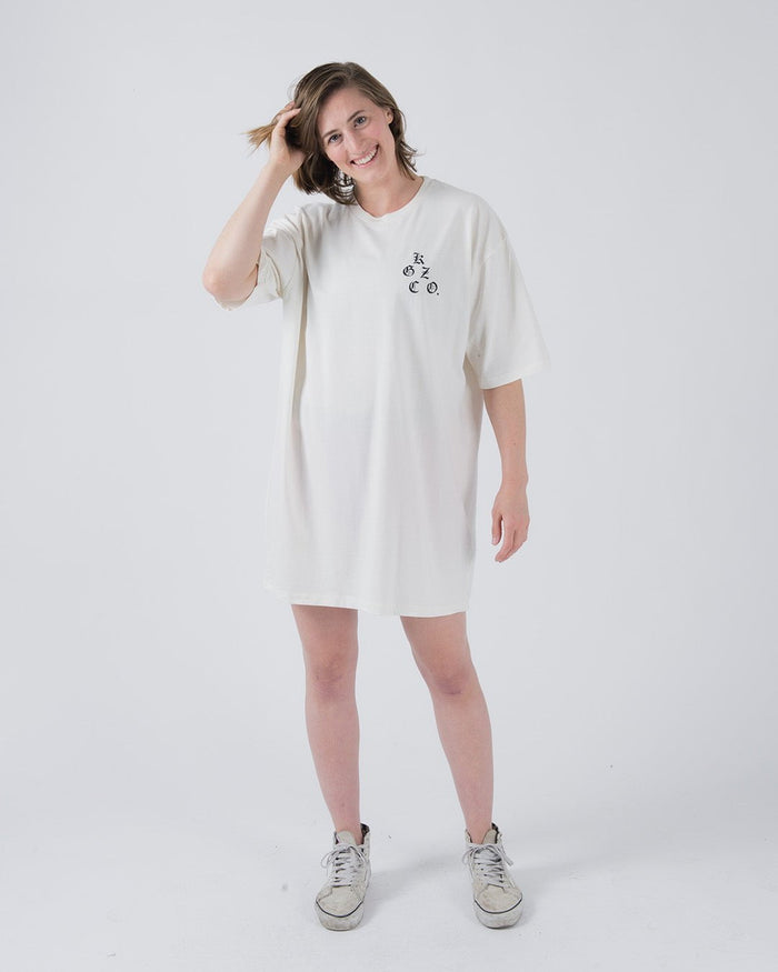 Kingz KGZ OE Tee Natural - Full Body Front View Female Model Relaxed Fit Short Sleeve Black Chest Logo Casual Streetwear [color:Natural]