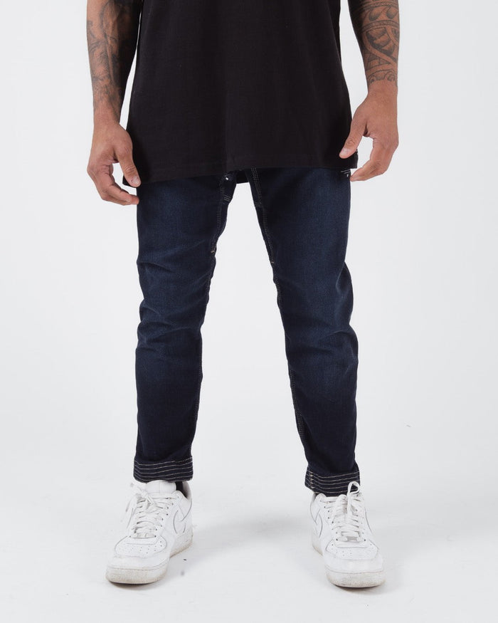 Kingz Casual Gi Pant Denim - Front View Male Athlete Dark Denim Slim Fit Contrast Stitching Elastic Waistband BJJ Gi Training Apparel [color:Denim]