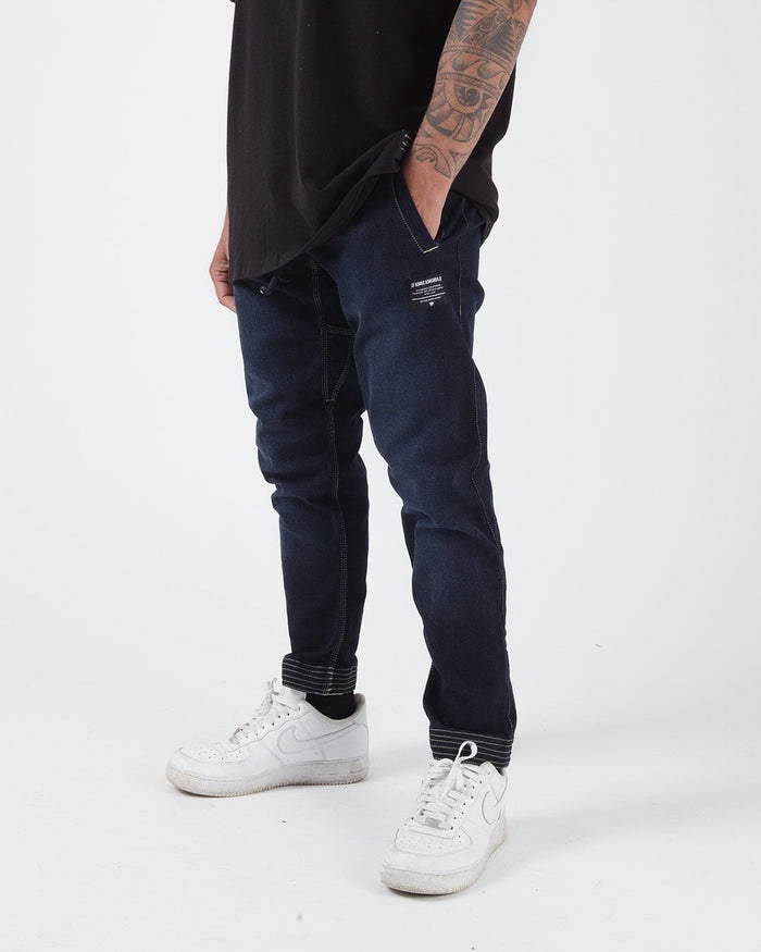 Kingz Casual Gi Pant - Denim - Lower Body Front View Male Athlete Dark Denim Color Contrast Stitching Elastic Cuffs Relaxed Fit BJJ Gi Training Apparel [color:Denim]