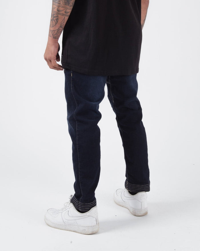 Kingz Casual Gi Pant - Denim - Back View Male Athlete Dark Denim Color Contrast Stitching Relaxed Fit BJJ Gi Training Apparel [color:Denim]