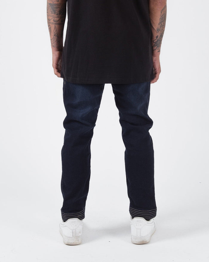 Kingz Casual Gi Pant - Denim - Back View Male Athlete Dark Denim Straight Fit White Stitching Detail BJJ Gi Training Apparel [color:Denim]