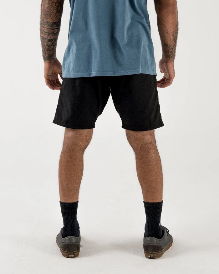 Kingz Casual Gi Shorts - Black - Back View Male Athlete Solid Black Relaxed Fit Above Knee Length Minimalist Design Grappling Shorts BJJ Training [color:Black]
