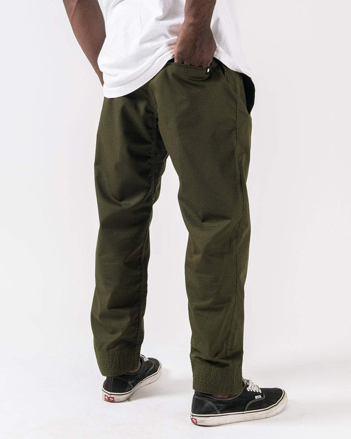 Kingz Casual Rip Stop Gi Pants Military Green - Back View Male Athlete Relaxed Fit Elastic Cuffs Deep Pockets Durable Rip Stop Fabric Military Green Color BJJ Gi Training Apparel [color:Military Green]