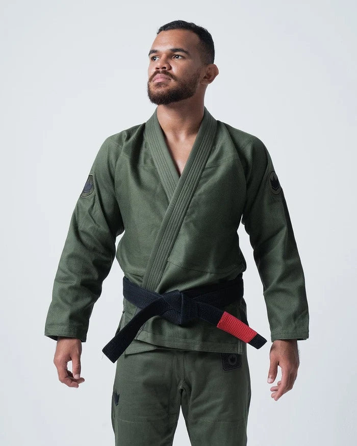 Kingz Classic 3.0 Jiu Jitsu Gi Military Green - Full Body Front View Male Athlete Black Belt Embroidered Patches Military Green Fabric Durable Stitching BJJ Gi Training Grappling [color:Military Green]