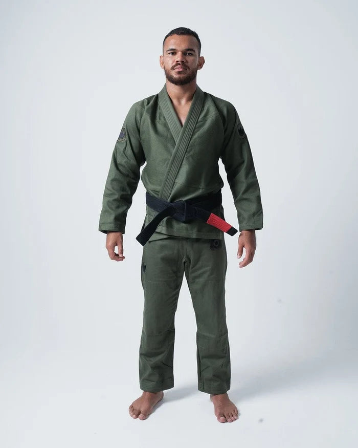 Kingz Classic 3.0 Jiu Jitsu Gi Military Green - Full Body Front View Male Athlete Black Belt Embroidered Patches Durable Weave Tailored Fit BJJ Gi Training Martial Arts Apparel [color:Military Green]